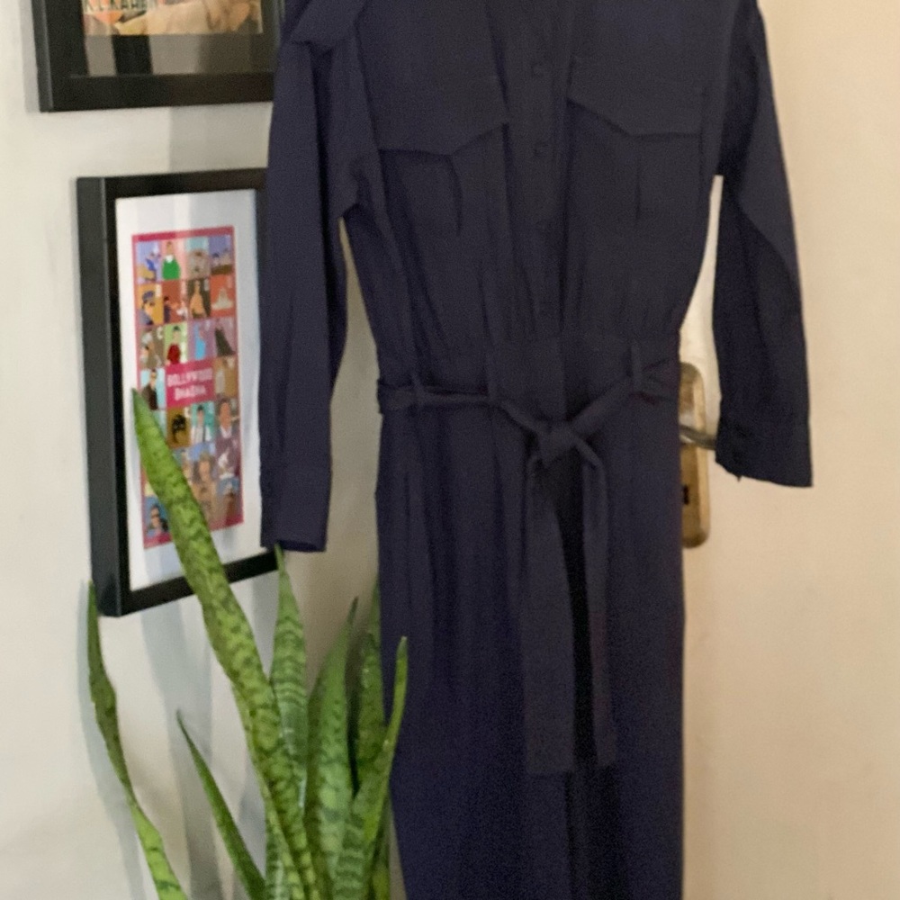 Zara Jumpsuit. Navy Blue. Full Length with tonal belt. - Picture 3 of 7